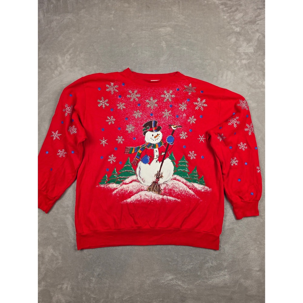 Vintage Holiday Time Sweatshirt Womens L Red Snowman Snowflake Christmas *Read